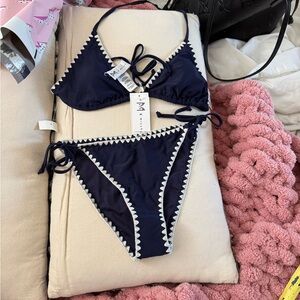 NWT x Milly Crochet Trim Triangle Bikini Set | Size S | Navy | $196 Retail Bat1
